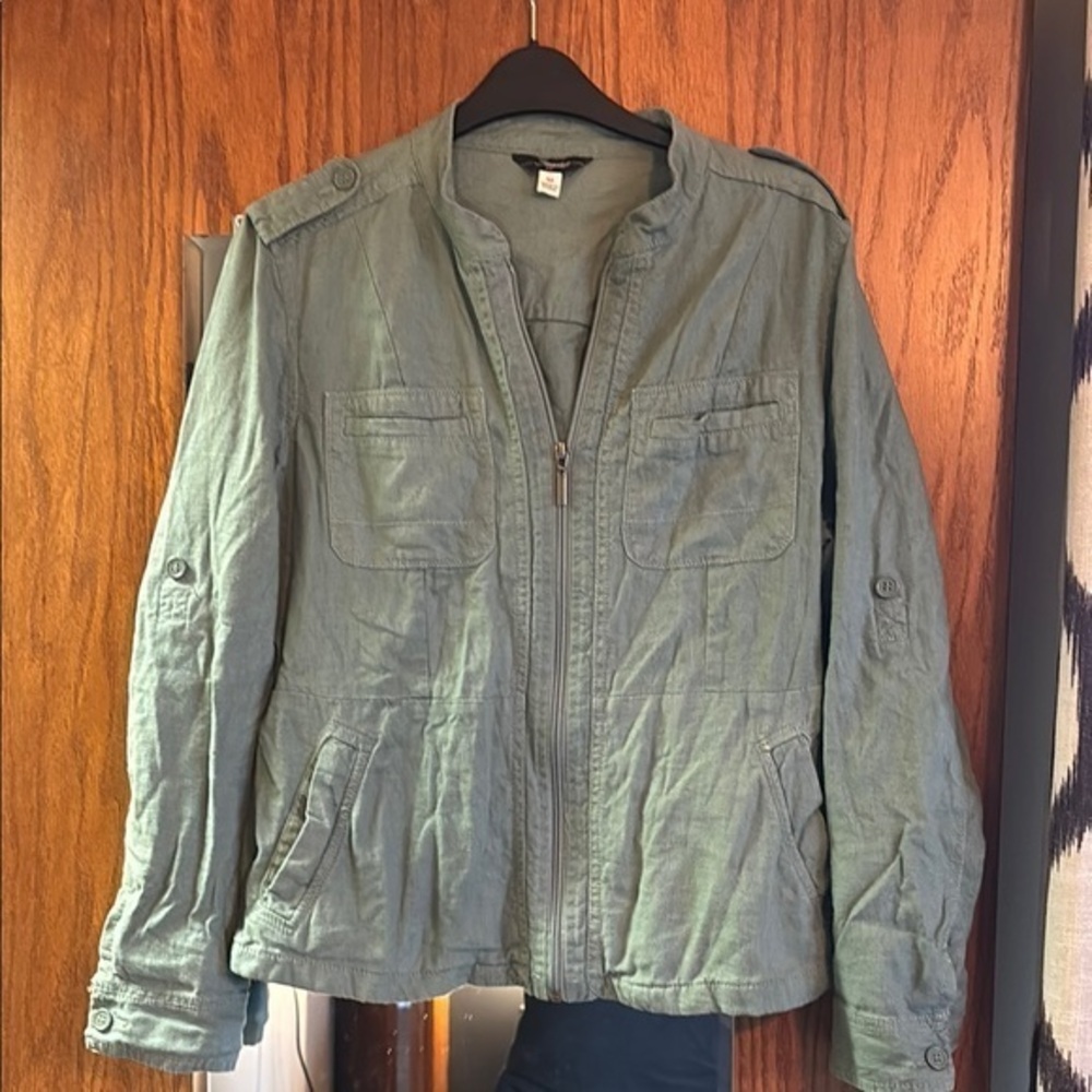 Supplies sage green linnen full zip up cinch pocket  Utility Jacket size m